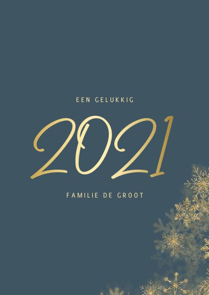 Nieuwjaarskaart grote foto met sneeuwkader en gouden 2021 3