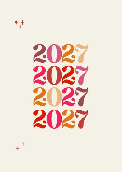 Nieuwjaarskaart grote jaartallen kleurrijke typografie 2
