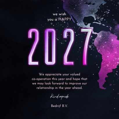 Nieuwjaarskaart happy 2027 wereldkaart in neonkleuren 3