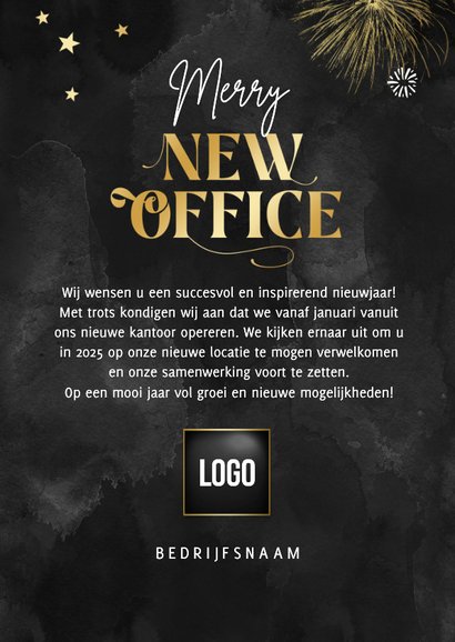 Nieuwjaarskaart happy new office sterren zwart goud 3