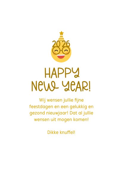 Nieuwjaarskaart happy new year emoji met 2026 bril 3