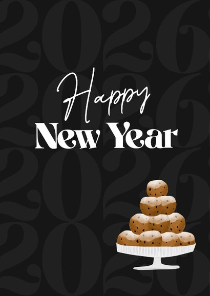 Nieuwjaarskaart happy new year oliebollen zwart 2026 2