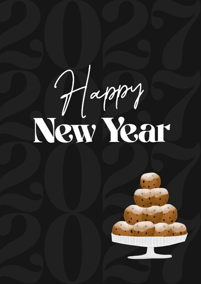 Nieuwjaarskaart happy new year oliebollen zwart 2027 2