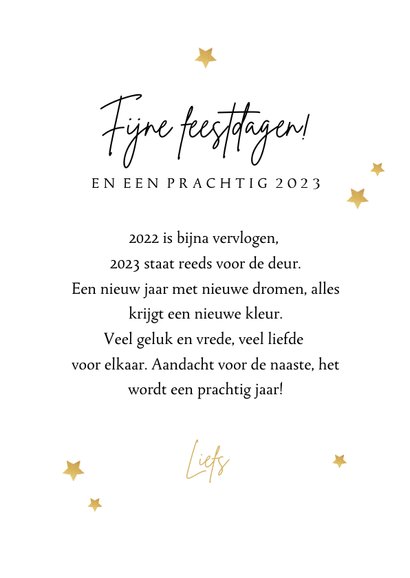 Nieuwjaarskaart Hello 2023 slinger fotocollage sterren goud 3