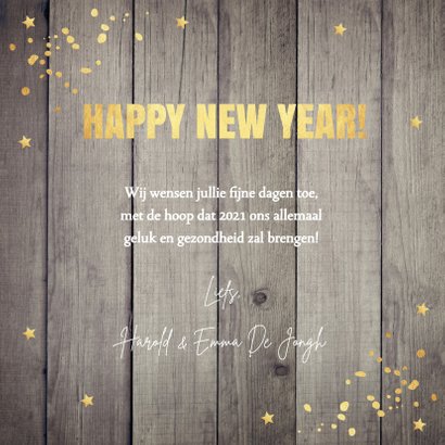 Nieuwjaarskaart hout 2021 typografie goudlook 3