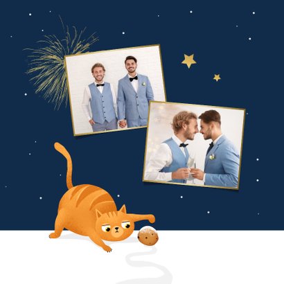 Nieuwjaarskaart kat oliebollen grappig 2021 kater sterren 2