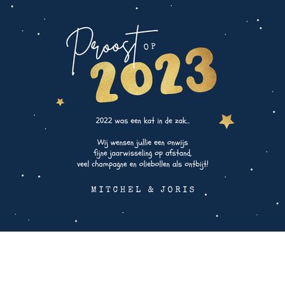 Nieuwjaarskaart kat oliebollen grappig 2023 kater sterren 3