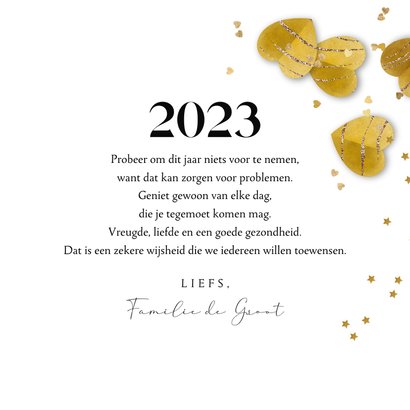 Nieuwjaarskaart liefdevol hartjes confetti goud ster 3