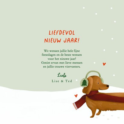 Nieuwjaarskaart liefdevol teckel sjaal oorwarmers sneeuw 3