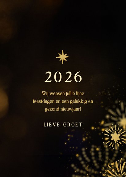 Nieuwjaarskaart met 2026 3D met 2 foto's en vuurwerk 3