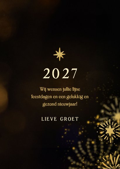 Nieuwjaarskaart met 2027 3D met 2 foto's en vuurwerk 3