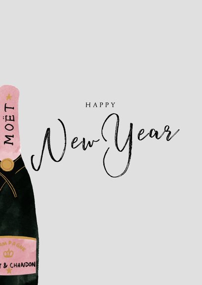 Nieuwjaarskaart met champagnefles en happy New Year 2