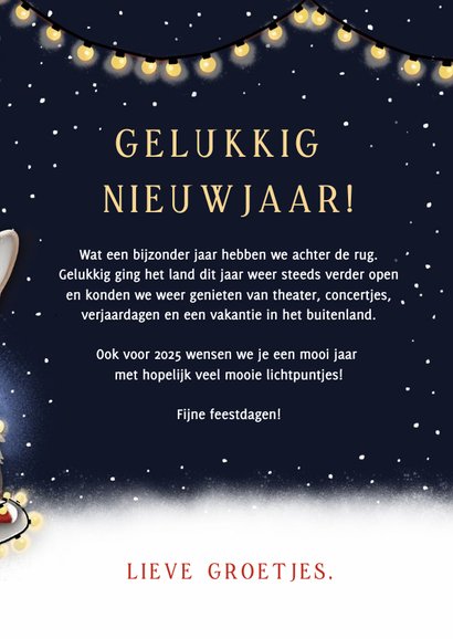 Nieuwjaarskaart met corgi hond met lampjes in de nacht 3