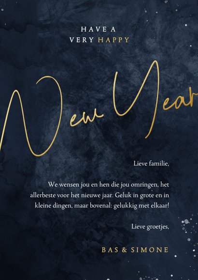Nieuwjaarskaart met foto donkerblauw New Year in goudlook 3