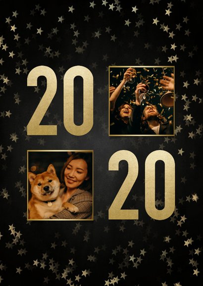 Nieuwjaarskaart met gouden 2020, sterren en fotocollage 2