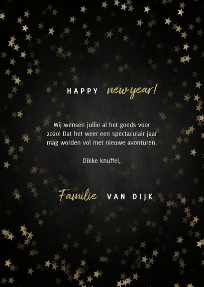 Nieuwjaarskaart met gouden 2020, sterren en fotocollage 3