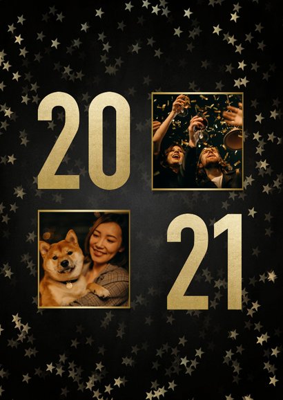Nieuwjaarskaart met gouden 2021, sterren en fotocollage 2