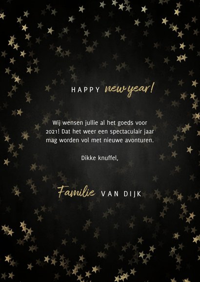 Nieuwjaarskaart met gouden 2021, sterren en fotocollage 3