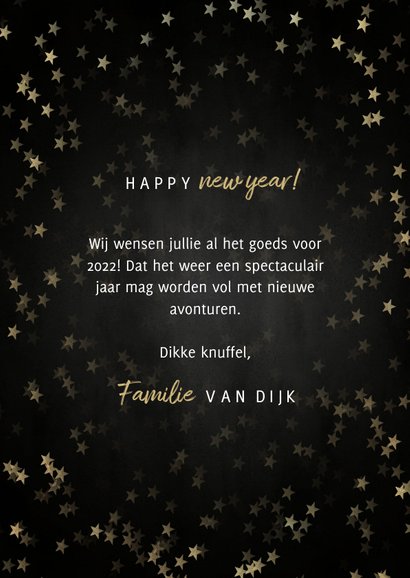 Nieuwjaarskaart met gouden 2022, sterren en fotocollage 3