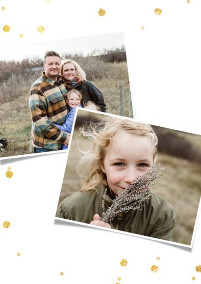Nieuwjaarskaart met grote foto en wit met gouden confetti 2