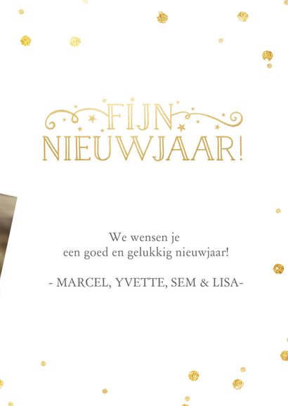 Nieuwjaarskaart met grote foto en wit met gouden confetti 3