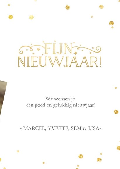 Nieuwjaarskaart met grote foto en wit met gouden confetti 3