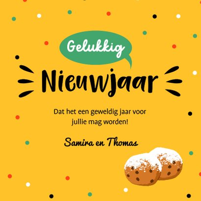 Nieuwjaarskaart met oliebol en confetti met gele achtergrond 3