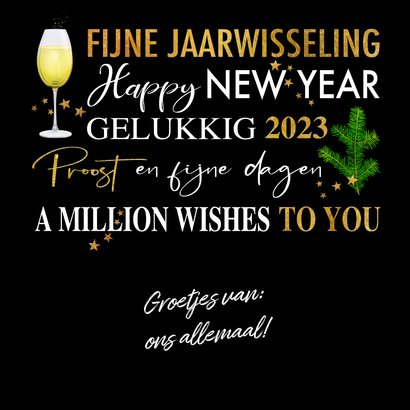 Nieuwjaarskaart met teksten. takjes, gebak champagne 3