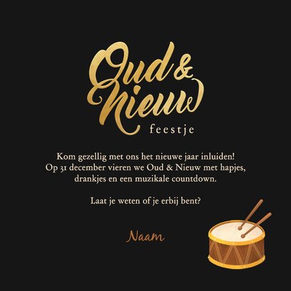 Nieuwjaarskaart oud en nieuw feestje muziekinstrumenten goud 3