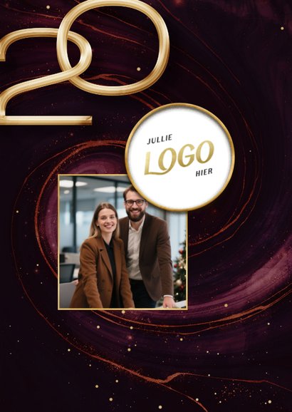 Nieuwjaarskaart rode marmer swirl zakelijk fotocollage 2026 2