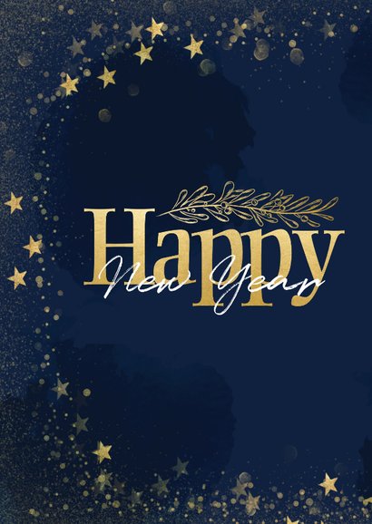 Nieuwjaarskaart staand gouden sterren - Happy New Year 2