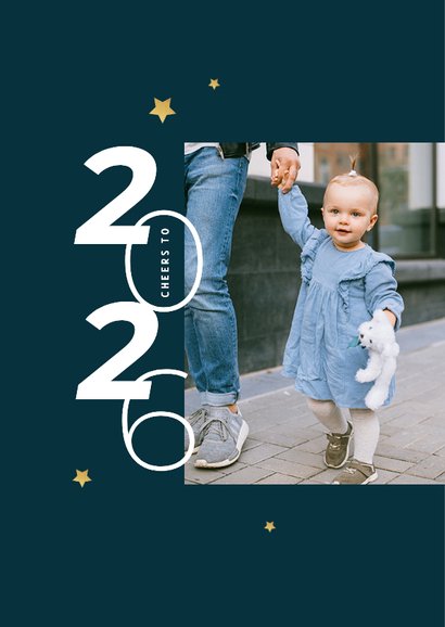 Nieuwjaarskaart typografisch foto goud sterren blauw 2