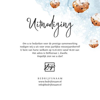 Nieuwjaarskaart uitnodiging borrel waterverf oliebollen 3