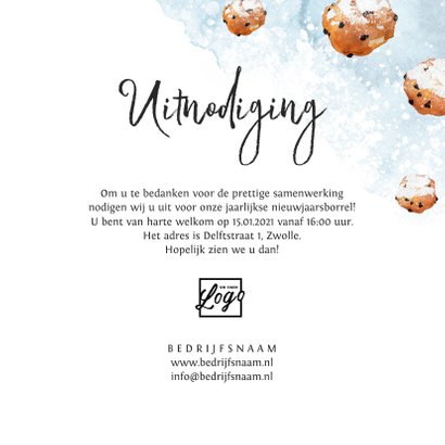 Nieuwjaarskaart uitnodiging borrel waterverf oliebollen 3