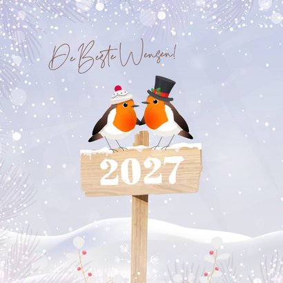 Nieuwjaarskaart verliefde roodborstjes in sneeuwlandschap 2