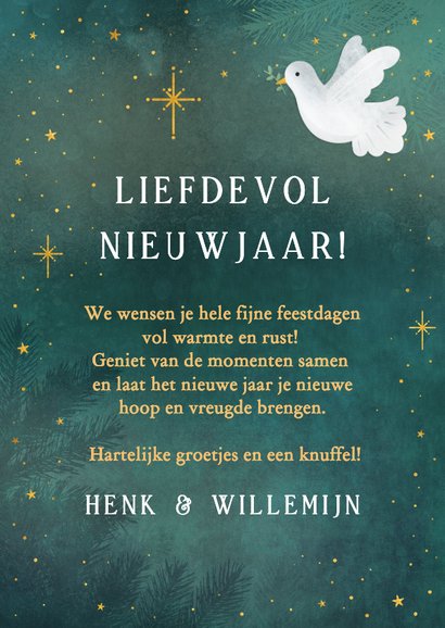 Nieuwjaarskaart vrede en liefde met duifje en foto in hartje 3