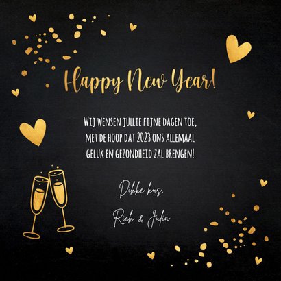 Nieuwjaarskaart zwart goudlook champagne hartjes 3