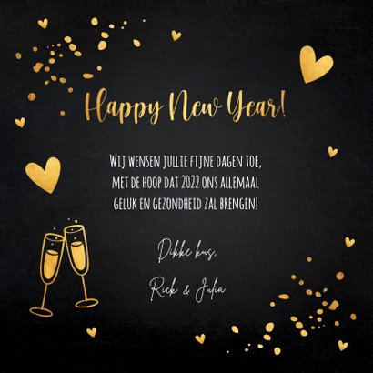 Nieuwjaarskaart zwart goudlook champagne hartjes 3