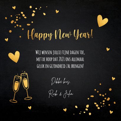 Nieuwjaarskaart zwart goudlook champagne hartjes 3
