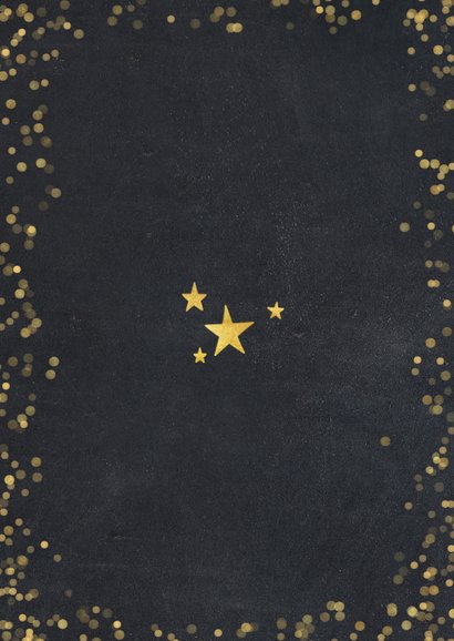 Nieuwjaarskaart zwart met goudlook confetti en sterren Achterkant
