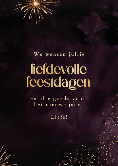Nieuwjaarskaartje liefdevolle feestdagen goud paars vuurwerk 3