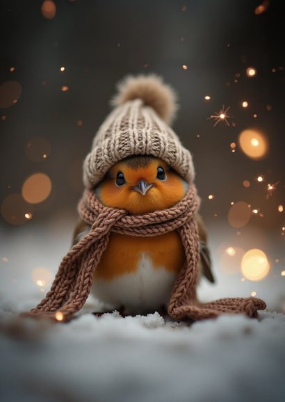 Nieuwjaarskaartje met schattig roodborstje en sterren 2