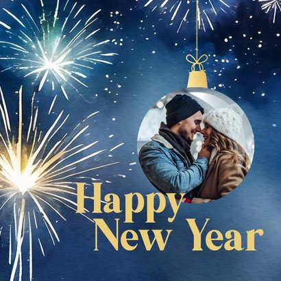 Nieuwjaarskaartjes met blauw vuurwerk kerstbal en foto 2