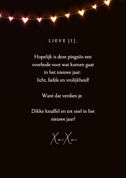 Nieuwjaarsknuffel lief vrolijk lichtgevende hartjes pinguïn 3