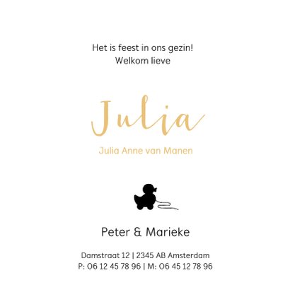 Okergeel geboortekaartje met witte rand en silhouet 3