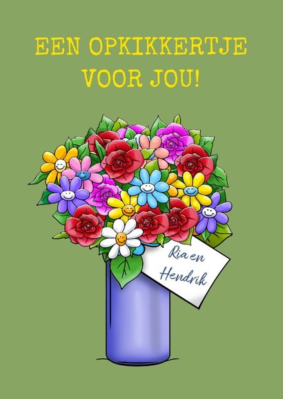 Opkikkertje van harte beter schat met binnen vaas bloemen 3