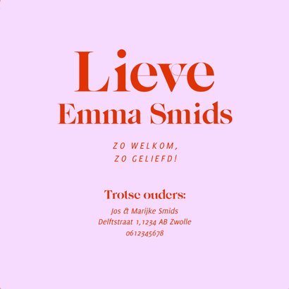 Opvallend hip geboortekaartje met cirkel rood en lila 3