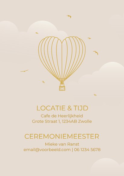 Originele beige trouwkaart met gouden luchtballon hart 2