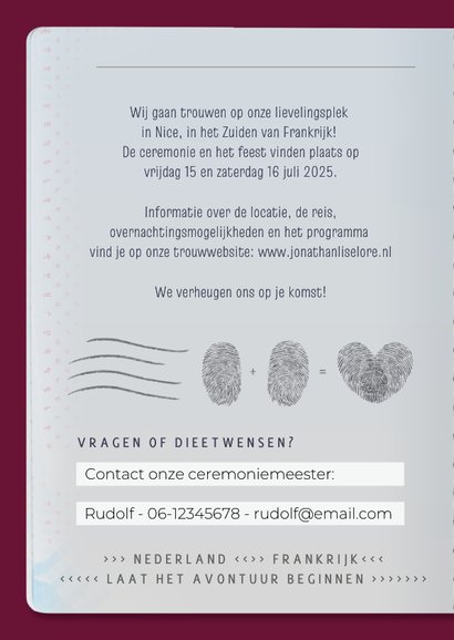 Originele paspoort trouwkaart met goudfolie en silhouet 2