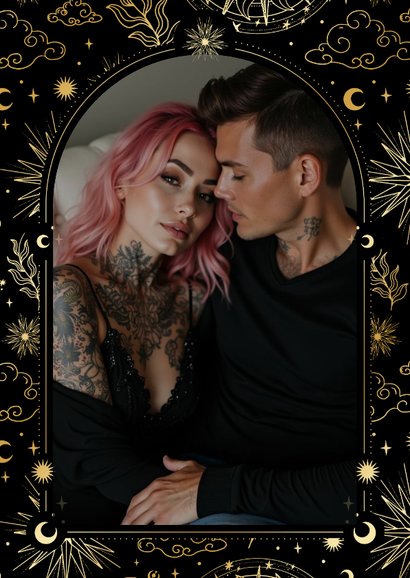 Originele save the date kaart astrologie zon met goudfolie 2